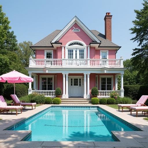 Beautiful two story Queen Anne house with pink and white exterior. Features an inground swimming pool. Includes pink and white striped umbrella and chairs.