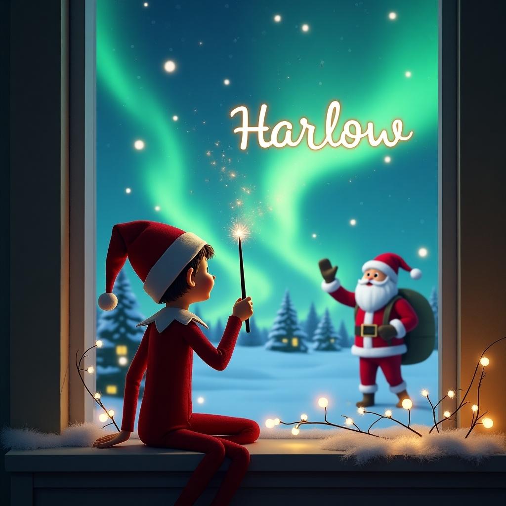 A heartwarming Christmas scene features a little elf on the shelf, sitting on a window sill. The elf, dressed in a traditional red outfit with a hat, has his back to the viewer as he faces the shimmering sky. Using his magic wand, he writes the name 'Harlow' among the stars. In the enchanting background, northern lights dance above a snowy landscape, with Santa Claus visible in the distance, smiling and carrying his sack of gifts. The window is decorated with twinkling lights, creating a cozy holiday ambiance. The names 'Elijah', 'Micah', and 'Carmen' also appear in the sky, adding a personal touch to this festive tableau.