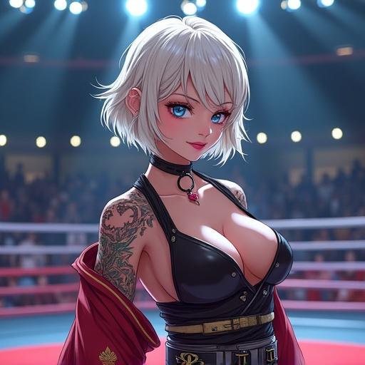 Anime themed woman in a futuristic martial arts arena. Short light blonde hair and a modern ninja kimono. Piercings and colorful tattoos adorn her body. Strong muscular build with visible abs. The setting is inside a luxurious martial arts fight ring at night.