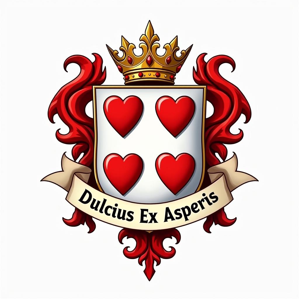 The illustration features a coat of arms design emphasizing heraldic elements. At the center is a shield, known as a Swiss escutcheon, showcasing four red hearts as charges. Above the shield rests a golden coronet, indicating nobility or status. Below the shield, an elegant ribbon displays the motto 'Dulcius Ex Asperis'. The overall color scheme is a striking combination of red and white, filled with dynamic details. This artwork could serve both educational and decorative purposes, highlighting elements of heraldry.