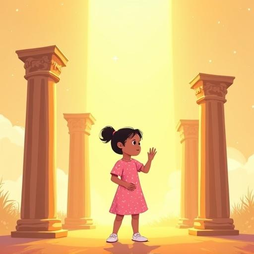 A cartoon illustration for a children's book. Scene of a young girl named Layla standing in a peaceful space after placing a wooden pillar back into position. Warm sunlight streams in, creating a bright and hopeful atmosphere. Layla wears a pink dress with white polka dots and white shoes. Her face is faceless, showing calm and reflection. Five wooden columns stand tall, glowing softly. The background is open and glowing with ethereal light. Layla appears small yet strong, embodying peace and gratitude.