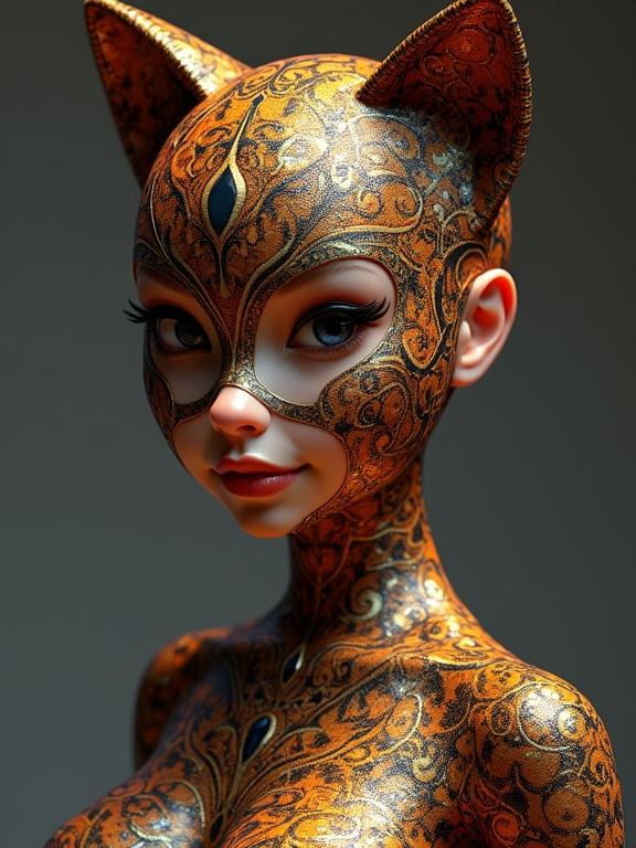 Hyperdetailed character design featuring a female in a catsuit styled like Klimt's artwork. The character has a full face mask with ornate patterns.