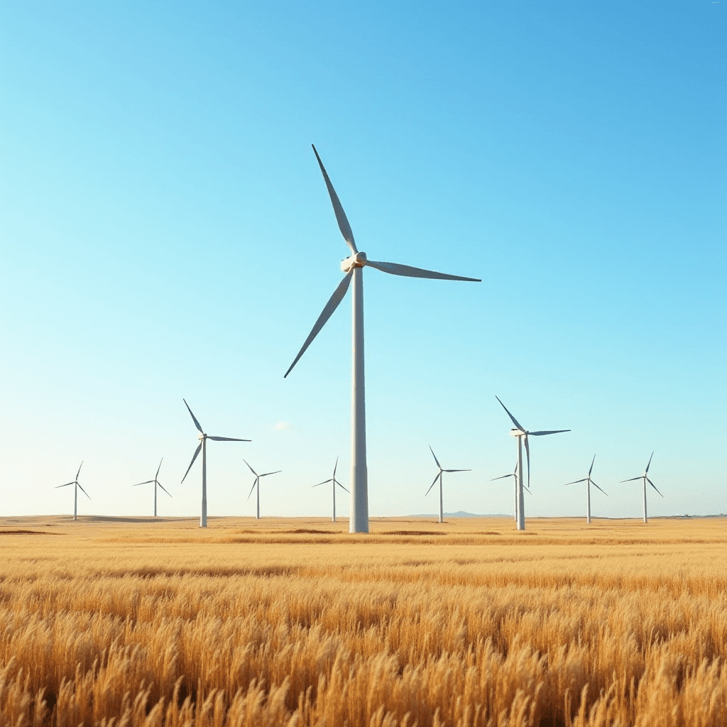 A field of golden wheat with several modern wind turbines against a bright blue sky.