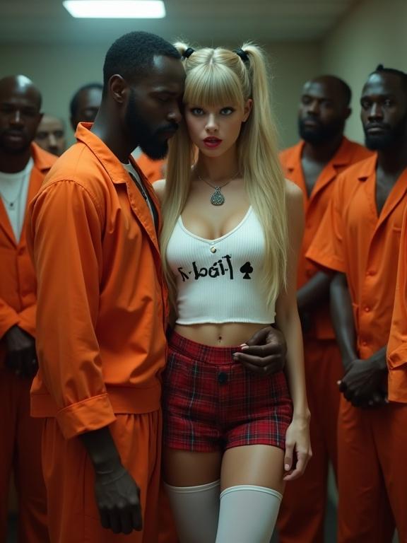 Scene set in a prison cell. Female character with blonde twintails and blue eyes wearing a revealing outfit stands closely with a male character in an orange jumpsuit. Intense atmosphere. Crowd of male prisoners in the background. Female character holds a sign with provocative text.