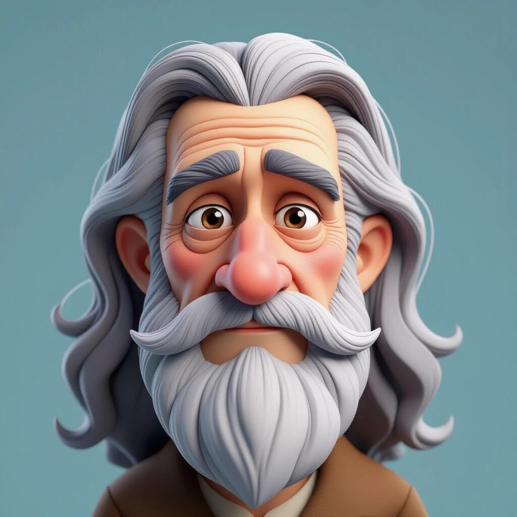 3D cartoon image shows a man over 60 with long hair and a white beard. Features deep facial wrinkles, prominent high cheekbones, and deep eyes. The demeanor is solemn and natural.