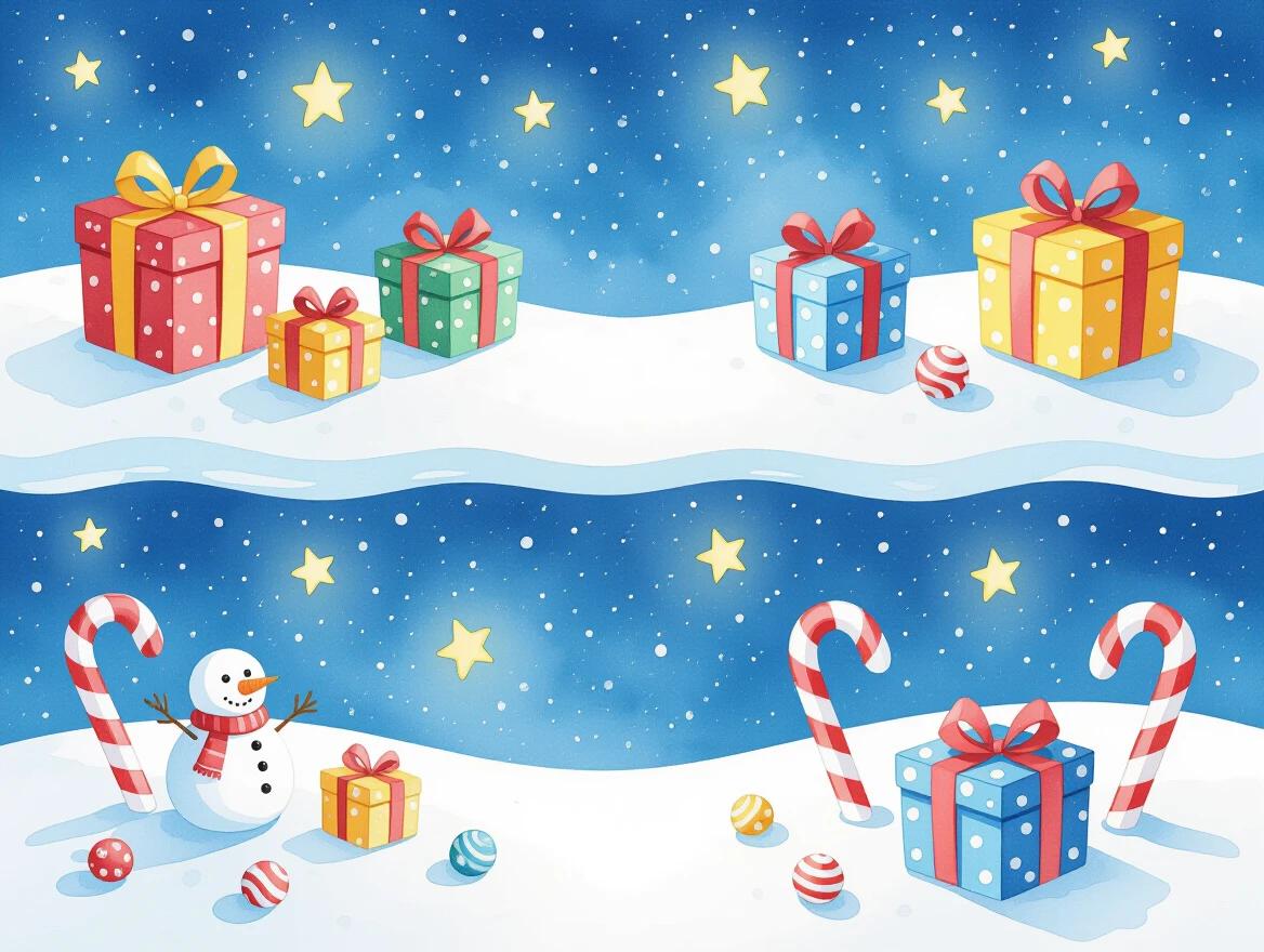 Watercolor artwork showcasing a cute snowman with colorful gift boxes and candy canes. The image features a dreamy winter landscape with stars and snowflakes. A split scene shows details above and below, ready for text writing. The colors are vibrant and saturation rich with a playful tone. Soft lines create a whimsical atmosphere.