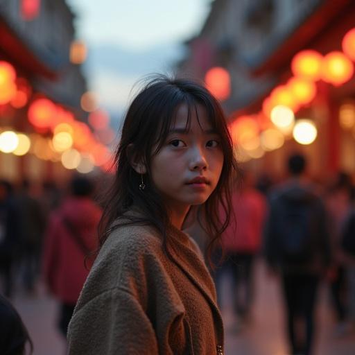 20 year old girl standing on a crowded street in an ancient city during the evening