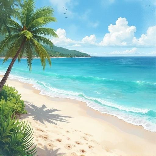Display a beach with a vibrant blue ocean under a clear sky. Showcase palm trees on the side and soft waves hitting the sandy shore. Use a watercolor artistic style for a dreamy appearance.