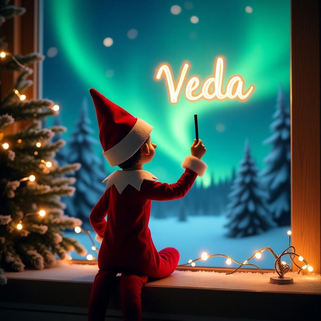 An enchanting Christmas scene featuring an elf on the shelf, who is facing the sky with his back to the viewer. The elf, dressed in red and white, wields a magic wand, writing 'Veda' in a glowing script above her. The backdrop is adorned with vibrant northern lights, adding a magical ambiance. The scene is festive, portraying the spirit of Christmas with a whimsical twist. The elf's position and action create a sense of wonder and excitement that captures the joy of the holiday season.