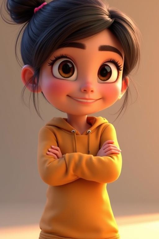 Stylized animated character. Visuals resemble Pixar style. Playful hairstyle and clothing. Confident pose with arms crossed. Large expressive eyes and smooth skin. Vibrant color tones. Soft lighting for warmth.