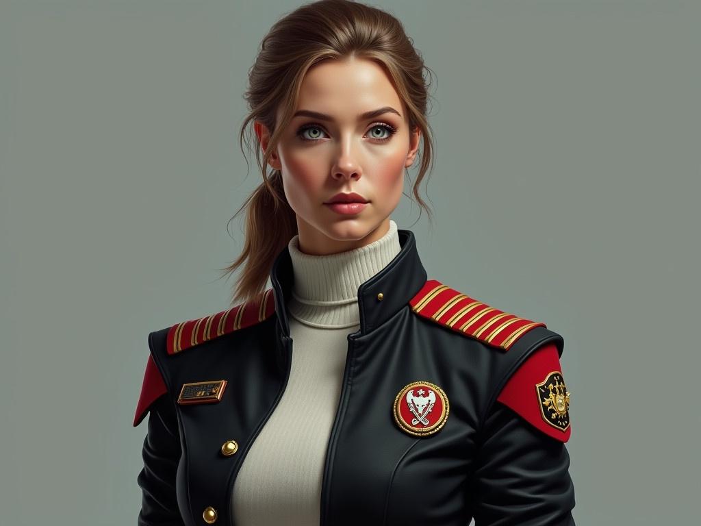 A realistic portrayal of a 35-year-old Captain in a sci-fi military uniform. She is tall and athletic, displaying sandy brown hair and darker eyebrows, with striking blue-green eyes. Her uniform consists of a black jacket made from tough synthetic fabric, featuring red stripes separating the padded tops of her shoulders from the torso. The jacket is layered over a white knit shirt with a flat collar, complemented by black pants. On each shoulder, there are round patches: one with a white sword over a gold shield and broken gold crescents on a red background, and the other showcasing a three-headed gray wolf over a similar gold shield on a black background. Her left breast displays four small gold diamonds, indicating her rank, while the right contains a comm badge shaped like a gold shield with a white sword.