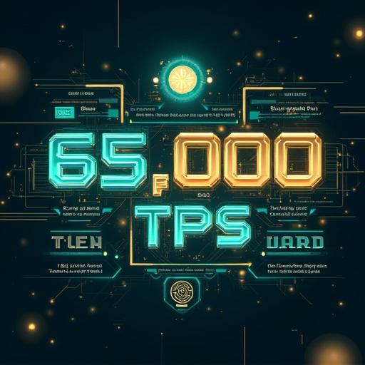 Create a graphic that integrates Solana logo with statistics. Highlight '65,000 TPS' and 'Ultra-Low Fees'. Use Dark Teal for a modern vibe. Use Beige for a warm touch. Use Metallic Gold for quality. Include neon aesthetics.