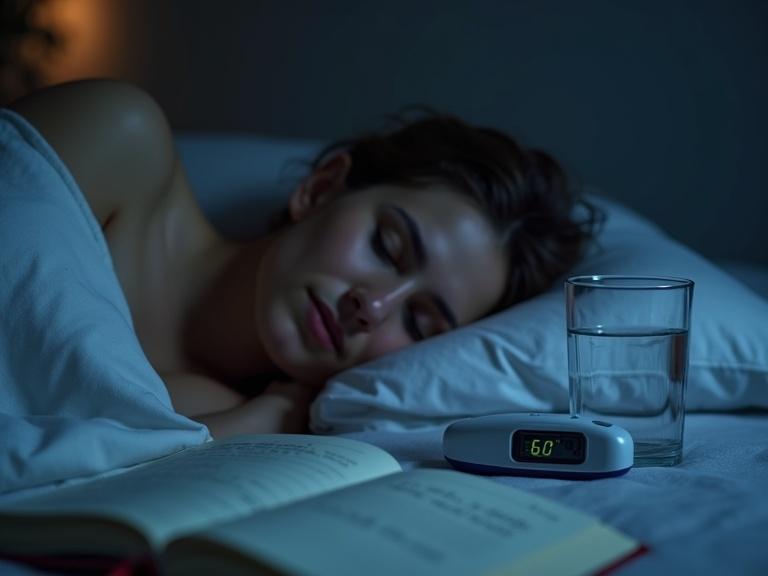 A person sleeps peacefully in a dimly lit bedroom. A digital thermometer shows 60°F next to a glass of water. A journal titled "Weight Loss Journey" lies open nearby. Cozy environment with soft lighting.