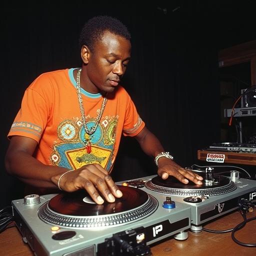 DJ from Zimbabwe performs energetically on two turntables. Rapidly executes turntable tricks with exceptional speed. Engaging performance at a DJ championship in 1992. 