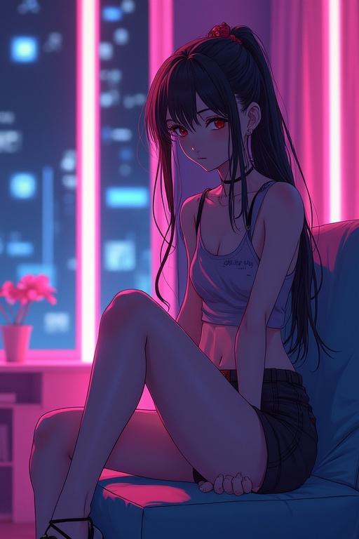 Anime girl sitting casually in a neon light room. The girl is dressed in a crop top and shorts. The room is illuminated with colorful neon lights. There are pink and blue lights casting soft shadows. The background features a modern urban setting with a distinct mood.