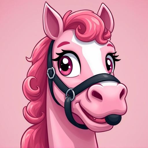 Pony with pink fur and a playful expression. Bold vector style with crisp outlines. Wears black leather harness and ball gag. Simple, pink background. Suitable for logo or t-shirt.