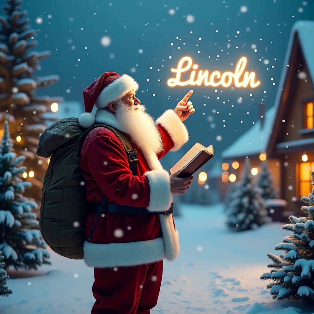 On a beautiful winter evening, a joyful Santa Claus stands in a snowy village, surrounded by quaint cottages adorned with sparkling lights. He is reading from his notebook under gentle snowfall. The scene evokes holiday cheer and warmth, with festive twinkle lights illuminating the landscape. Dressed in red and white, Santa holds a book in his hands, dedicating this moment to his notes on the magic of Christmas. Above him, he magically writes the name 'Lincoln' in glowing light as snowflakes gently fall around him.