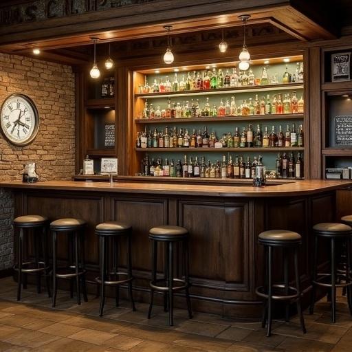 Interior view of a bar resembling a fallout vault. Features wooden elements with illuminated liquor shelves. Warm lighting creates an inviting atmosphere. Seating is available at the bar with a rustic design. A clock is visible on the wall.