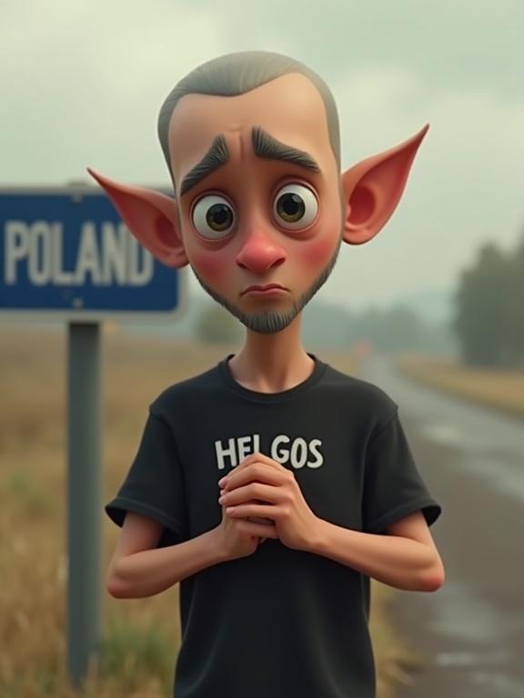 Pixar-style cartoon depicting a sad bald man with grey sides. Character has large dark eyes and big ears. Wearing black t-shirt saying HELGOS. Standing beside a blue sign that says POLAND. Hands pressed together in a begging pose. Overcast weather with soft warm colors in the background.