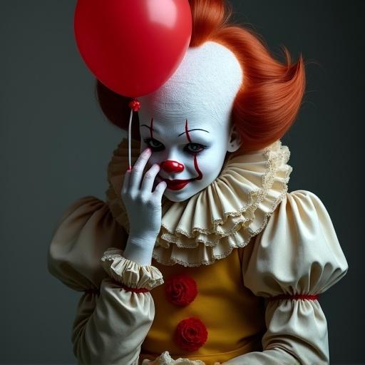 Sad clown holding face with palms, seated, wearing simple old clothes