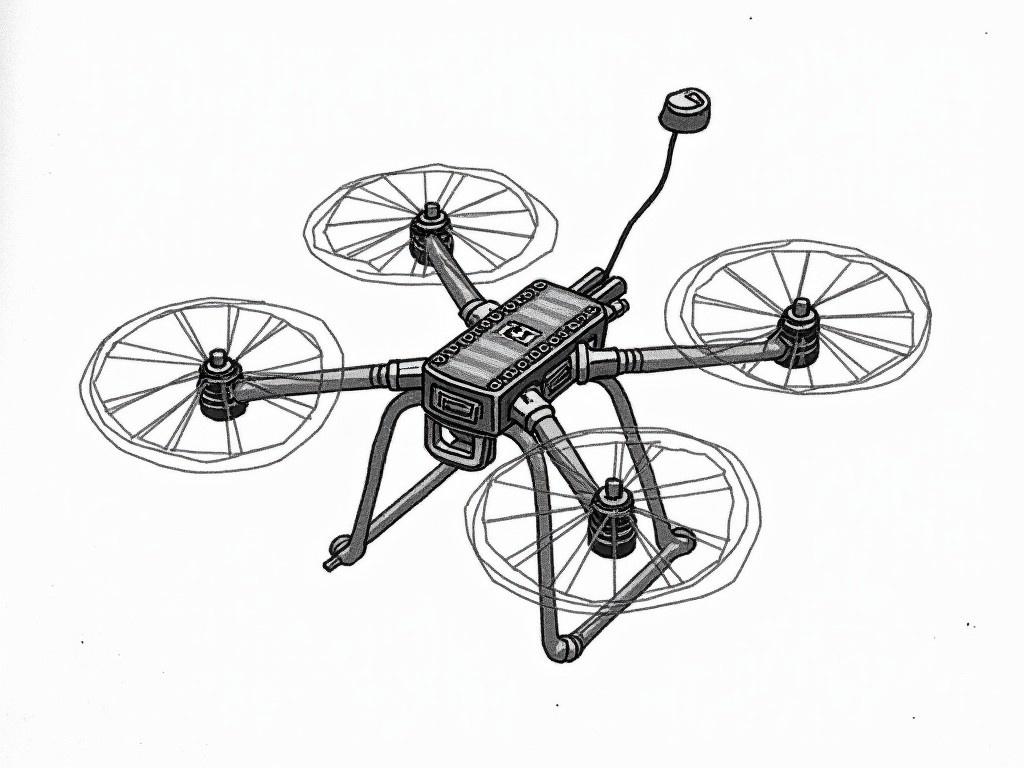 This image depicts a detailed sketch of a bionic winged agricultural drone designed for farming applications. The drone features four propellers and an Arduino connection for functionality. It is intended to spray water on plants and monitor temperature, showcasing its dual capabilities. The design is sleek and technical, perfect for agritech projects. The use of a simplified black-and-white drawing emphasizes the drone's features and construction.