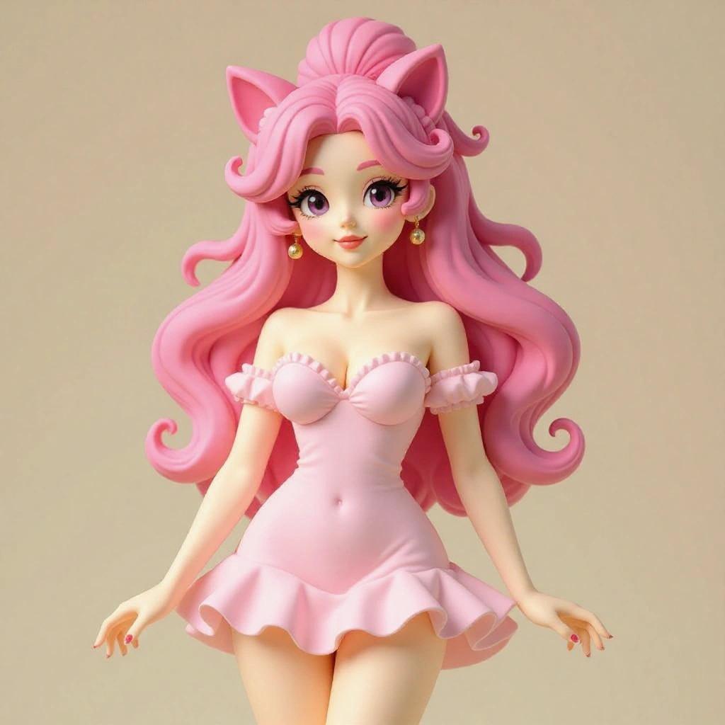 Stylized female figurine inspired by Jigglypuff. 3D resin sculpture ready for printing. Sensual woman with voluptuous body and mini waist. Delicate face with sweet expression. Short light dress in pastel pink. Long wavy pink hair in high bun. Solid base decorated with musical motifs. Holds microphone, conveys charm and elegance.
