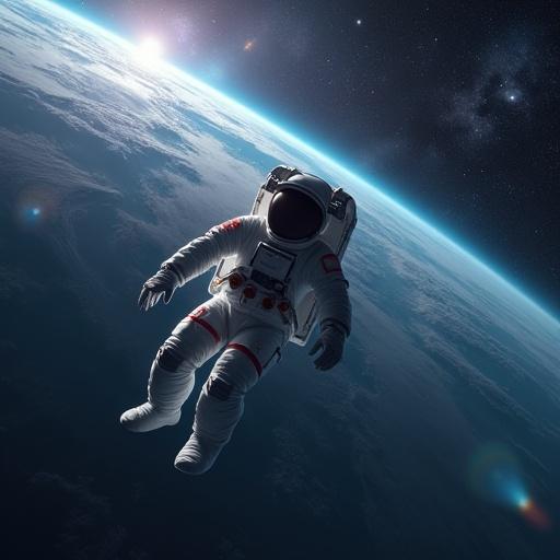 Realistic image of an astronaut floating in space with Earth in background and stars around. Space suit reflects light. Cinematic lighting in high resolution.