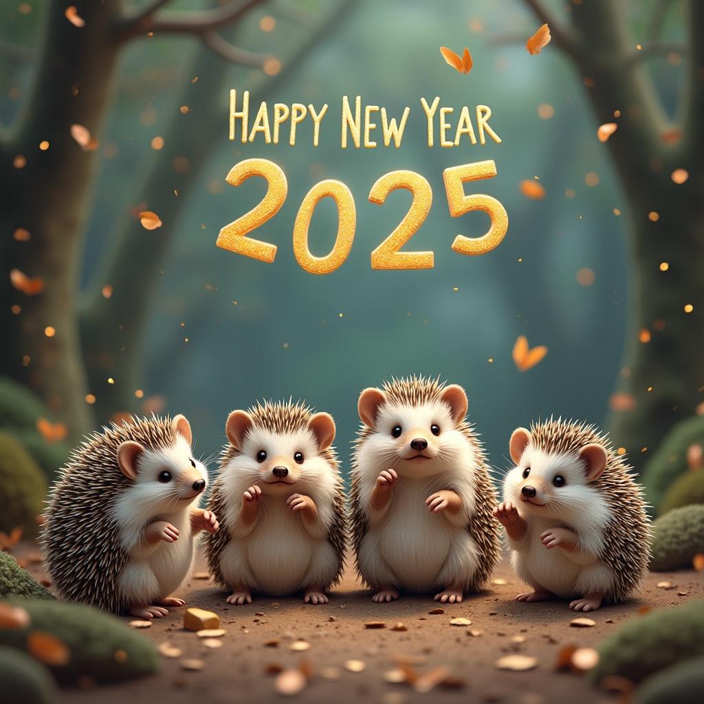 New Year celebration 2025 featured small hedgehogs. Four adorable hedgehogs are standing together in a forest setting. Background has soft-focused trees and falling leaves. Text saying Happy New Year in golden font above the hedgehogs.