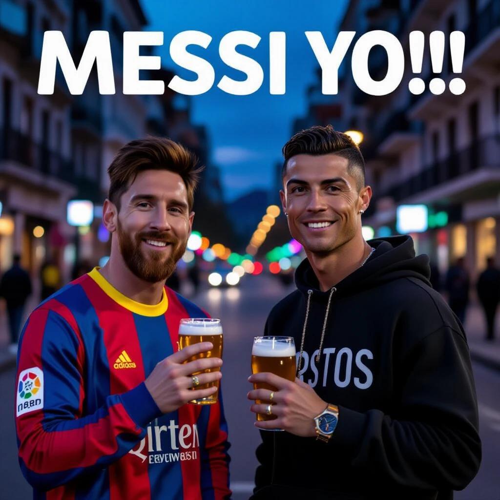 Photo capturing two friends enjoying beers in the vibrant streets of Argentina at night. One wears a Messi jersey and the other wears streetwear. Happy expressions while looking at the camera. The background shows a lively city atmosphere with lights.