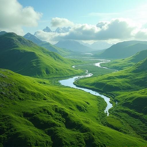 Aerial view of lush, green land at the South Pole featuring rolling hills, rivers, and vibrant vegetation. The landscape is surreal with clear skies and dramatic lighting, depicted in a hyper-realistic style.