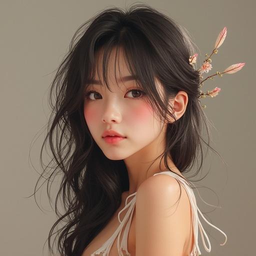 Japanese woman in a bikini looking confidently at the camera. Soft hairstyle with floral accents. Warm and inviting atmosphere. Portrait shot with a focus on beauty and femininity.