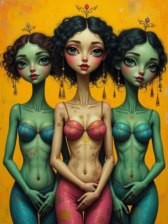 Surreal whimsical portrait featuring three exquisite gypsy figures. Shades of green and magenta with intricate details. Background in yellow ocher and burnt sienna. Hyper-detailed aesthetics and unique features.