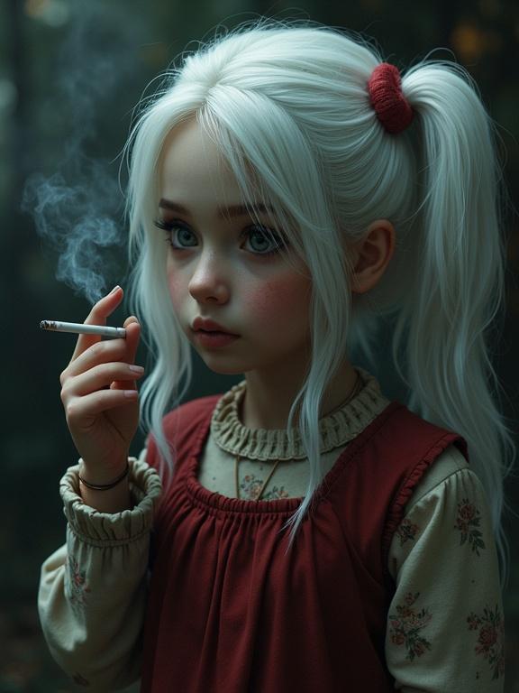 Photograph of a character with white hair and pigtails smoking a cigarette. The character wears a babydoll dress and has a gentle expression.