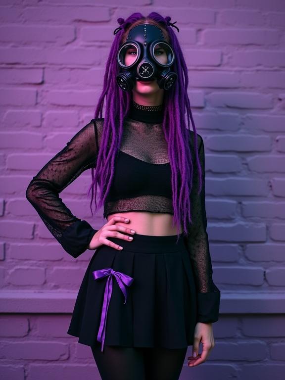 Young woman with purple dreadlocks and gas mask stands confidently. Wearing black fishnet top, black skirt with purple ribbons, and black leggings. Background features a violet-purple brick wall. Dramatic lighting creates strong shadows. Edgy, dark atmosphere dominates composition.