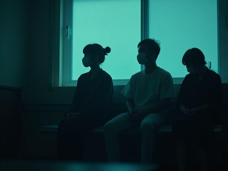 Dimly lit hospital waiting room with three people in silhouette. Everyone wears face masks. Teal-blue light streams through the window casting shadows. The atmosphere is somber and tense. Background slightly blurred, enhancing the emotional depth.