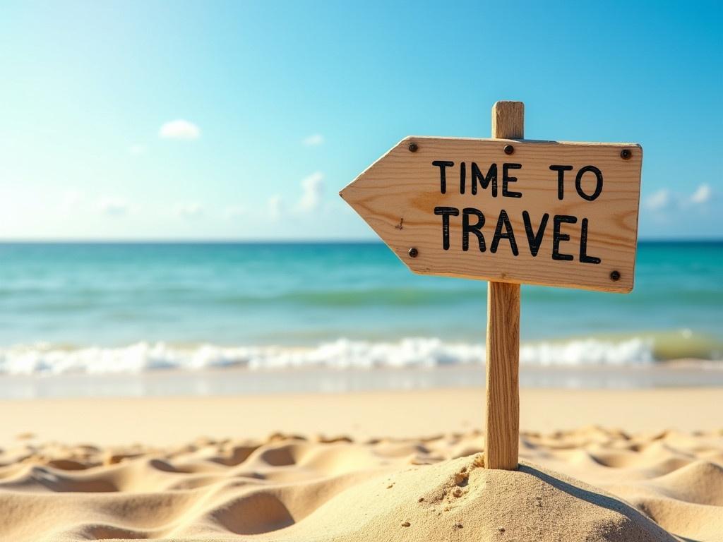 A direction indicator sign made of wood showing the text 'TIME TO TRAVEL'. The sign is positioned on a sunlit beach with soft golden sand. In the background, there is a beautiful, clear blue sky and gentle waves lapping at the shore. The scene has a relaxing and inviting atmosphere, perfect for travelers seeking adventure. The wood sign is rustic, adding to the charm of the beach setting.