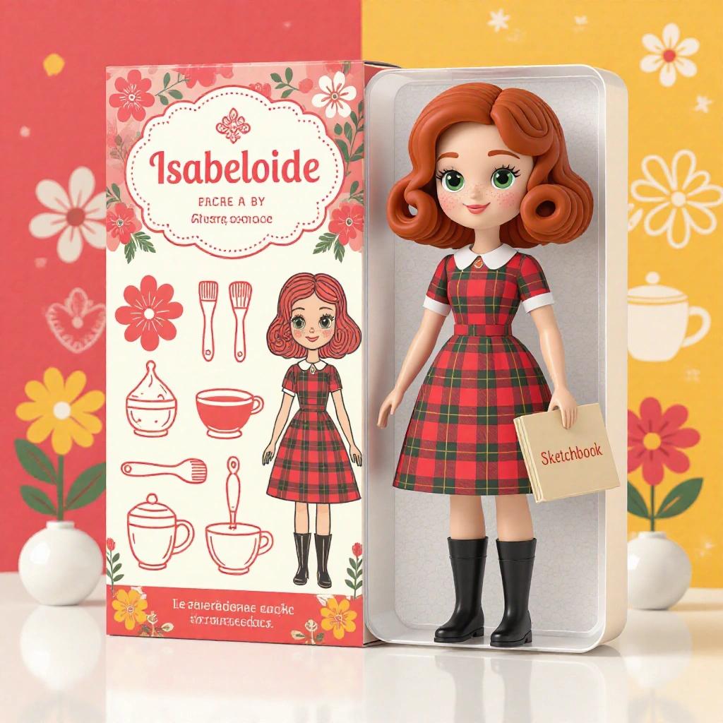 3D rendered toy packaging illustration for a stylized female doll named Isabeloide. Doll has brown/reddish shoulder-length curled hair and freckles. She wears a red and green plaid dress with black boots, holding a beige horizontal sketchbook labeled Sketchbook. Background is warm and cheerful with shades of rose pink, red, mustard yellow, and white silhouettes of brushes and cooking tools. Top of packaging features bold comic-style text reading ISABELOIDE in large playful yellow letters with purple outline. Inside blister pack includes a red dress mannequin, a cooking robot, a recipe book, colorful cupcakes, and a pin cushion. Background evokes retro comic book styles with color blocks.