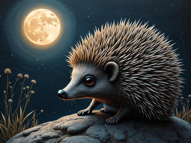 3D hyper-detailed depiction of a hedgehog under a full moon in a textured scratchboard style with a mysterious atmosphere.
