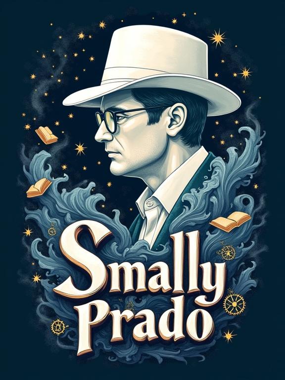 Stylized logo shows a fictional author named Smaily Prado. Illustration includes a man in a fedora hat surrounded by swirling fantasy elements. Elements include stars floating books and cosmic energy. The name 'Smaily Prado' is featured in elegant lettering. Color palette consists of deep blues silver white and golden highlights. Style is painterly and expressive.