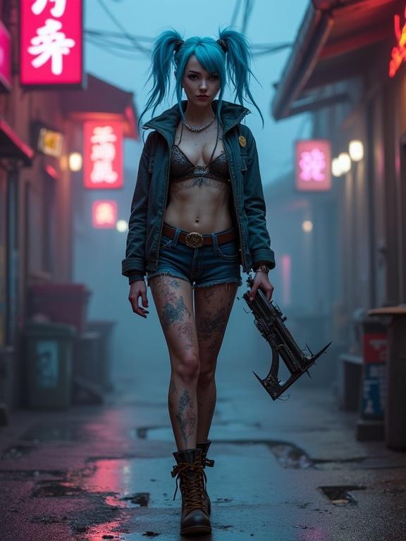 Full-body portrait of a punk-inspired character in an urban alleyway with neon lights. Bright blue braids frame her face. She has tattoos and a mischievous smile. The environment is gritty, wet from rain, with fog creating atmosphere.