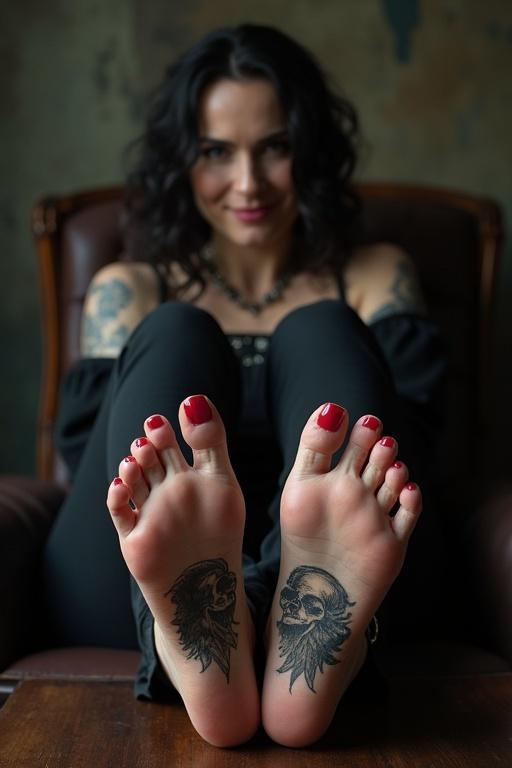 Mature goth woman shows tattooed soles of bare feet. She wears dark goth clothes and sits on a chair. Her feet are on a table. She smiles.