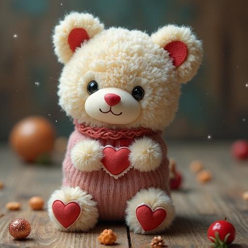 Plush bear toy with soft features and heart-shaped accents. It has a warm and inviting look outfitted with a cozy sweater and is placed on a wooden surface with small ornaments.