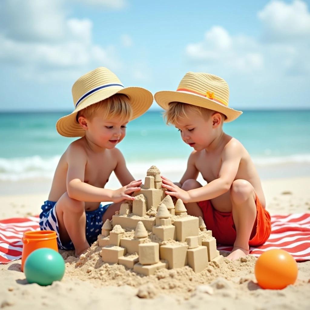 Two boys build a sandcastle on the beach. They wear hats and swimsuits. Colorful towels balls and buckets are near. The day is bright and partly cloudy.