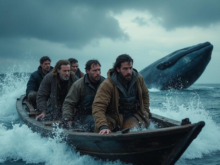 Seven adults in a small wooden boat battling stormy ocean waves. A massive blue whale splashes nearby. Dark storm clouds overhead, intense expressions on faces. Cinematic lighting highlights clothing and environment.