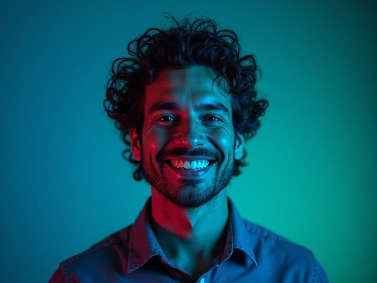 Digital portrait photograph of a charismatic man with natural curly hair. The man shows a wide smile conveying warmth. The scene has deep saturated blue ambient lighting and vivid neon green rim light. Background has a gradient of blues and teals, creating depth. The style is modern and cinematic with ultra high-resolution.