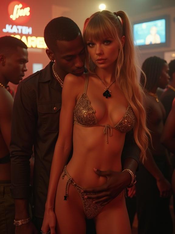 Nightclub scene with a couple. Woman has long blonde twintails. Woman wears a gold pushup bikini and high heels. Man is an older black rapper. They are close together. Woman looks at the viewer while man holds her neck. Woman appears flushed and intoxicated. Full body shot with a crowd in the background. She holds a sign saying 'Blacked Raw ERA'.