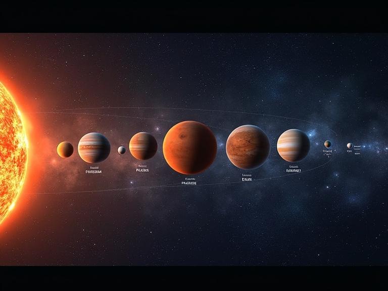 Didactic image of the solar system with all planets included. Each planet is clearly labeled with its name. The layout is educational and clear for learning purposes.
