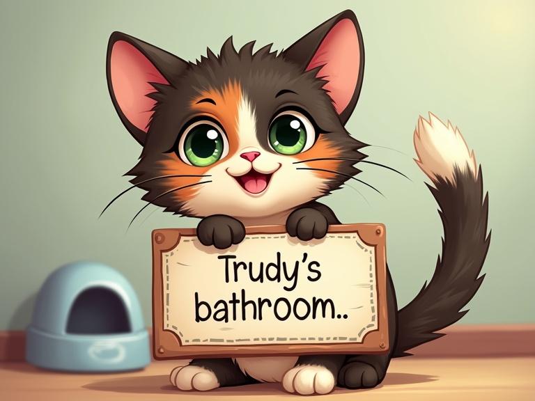 Cartoon style image features a mottled tortoiseshell cat with green eyes and a decorative sign reading Trudy's bathroom. Background includes a litterbox. Cat has a white tipped tail and paws.