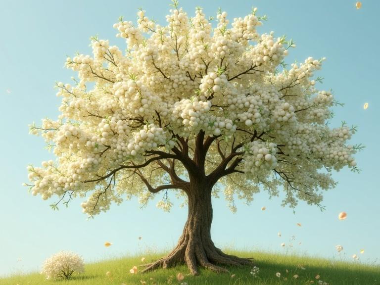 White flowering apple tree standing on green grass. Tree is full of blossoms. Clear blue sky background. Additional smaller tree in background. Soft natural lighting highlighting tree's features.