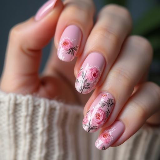 Close-up of a woman's hand with beautifully manicured nails featuring floral designs in pink. Nails have a soft matte finish with detailed flower patterns.
